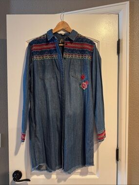 Stetson Denim Duster with Red Floral Embroidery and Multicolor Trim